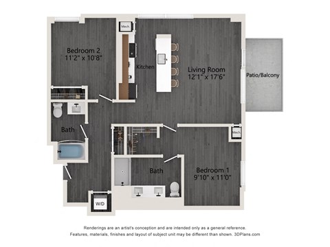 Floor plan for 2 beds, 2 baths, 1157 sqft